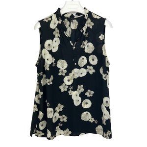 Talbots Floral Black and Cream Ruffle Neck Sleeveless Top Sz XL